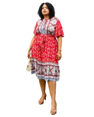 Paisley Floral Boho Print Tie Waist Midi Dress | Red