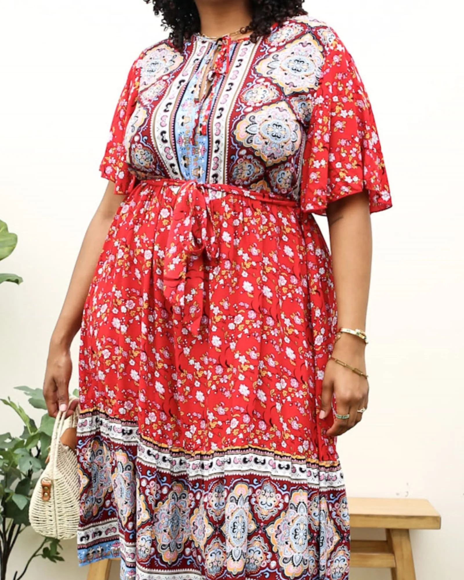 Paisley Floral Boho Print Tie Waist Midi Dress | Red
