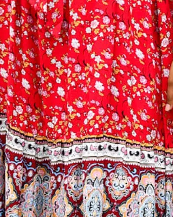 Paisley Floral Boho Print Tie Waist Midi Dress | Red