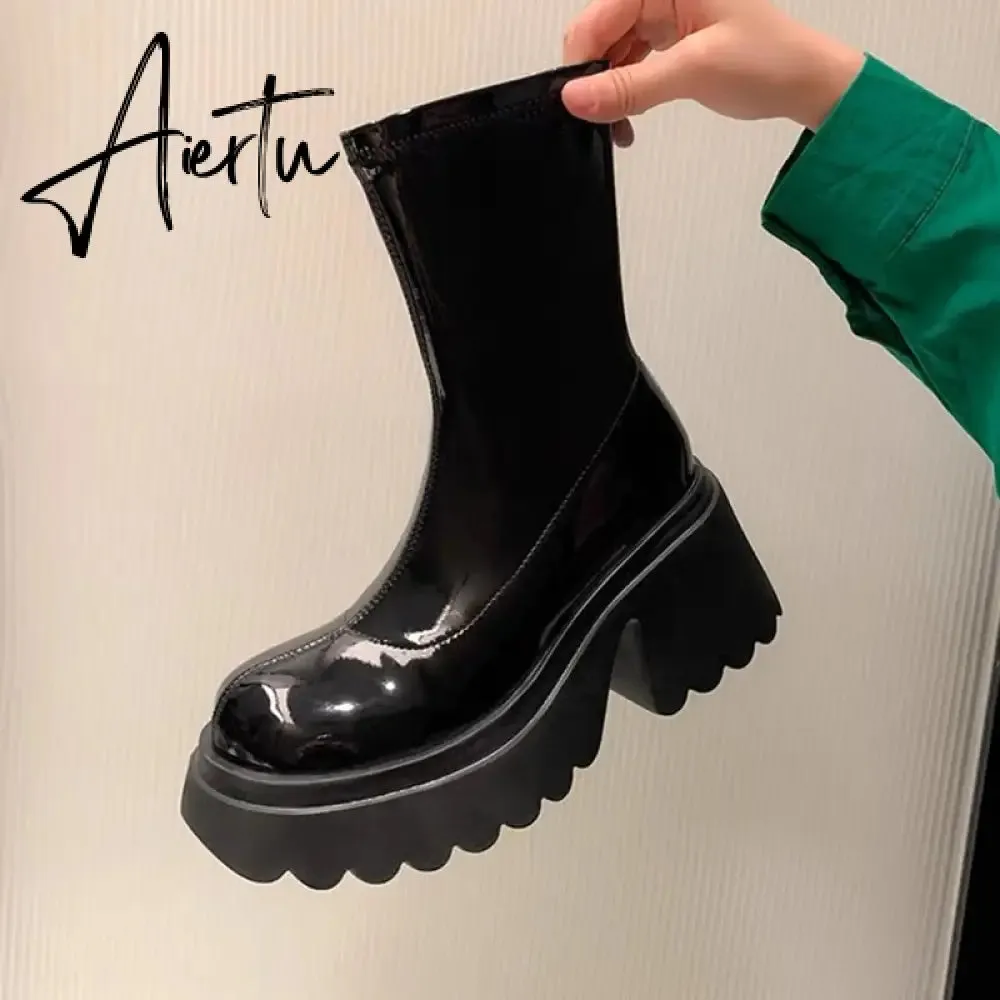 Patent Leather Chunky Platform Long Boots Women  Autumn Punk Thick Heels Shoes Woman Zipper Black Motorcycle Botas De Mujer