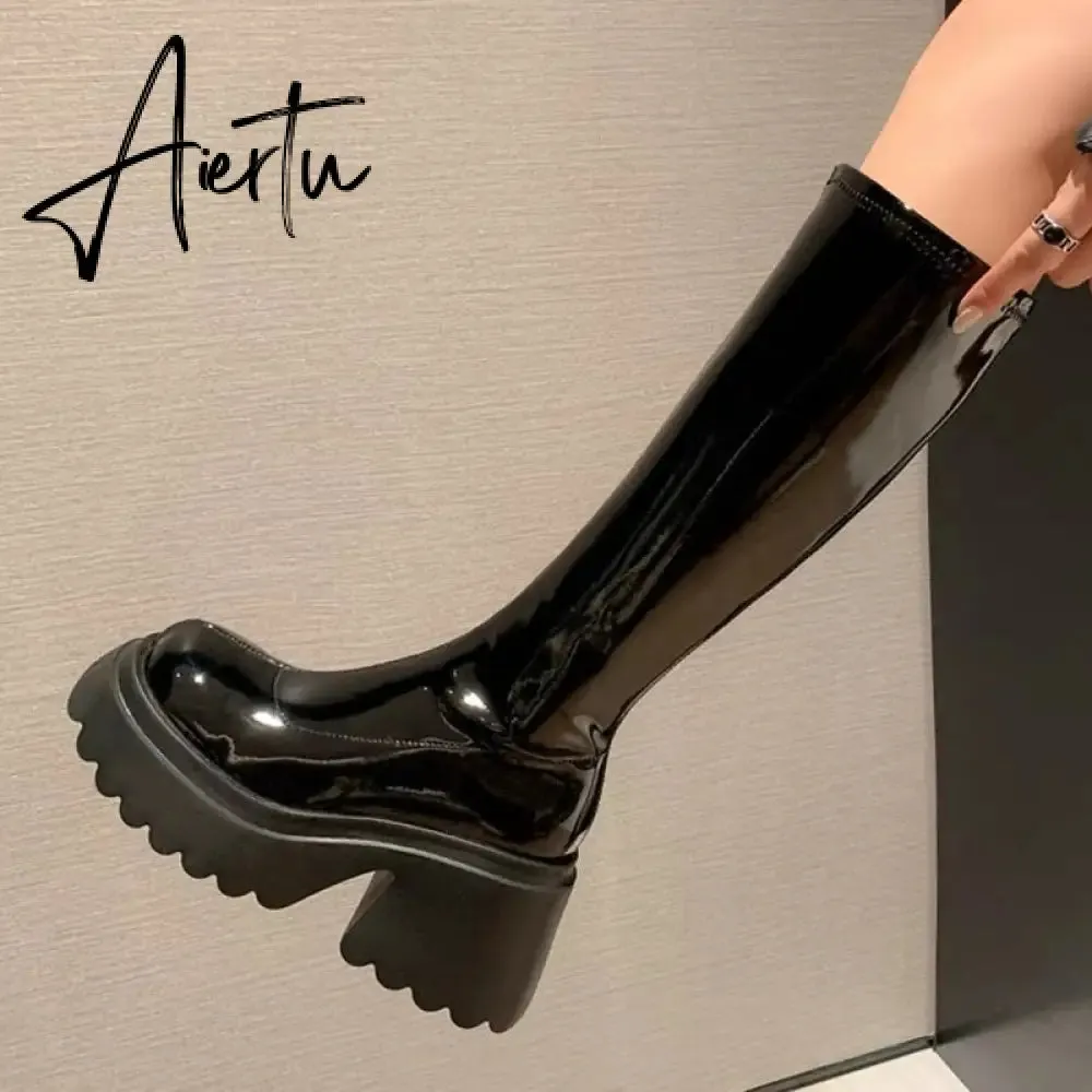 Patent Leather Chunky Platform Long Boots Women  Autumn Punk Thick Heels Shoes Woman Zipper Black Motorcycle Botas De Mujer