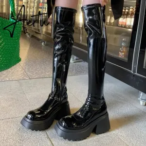 Patent Leather Chunky Platform Long Boots Women  Autumn Punk Thick Heels Shoes Woman Zipper Black Motorcycle Botas De Mujer