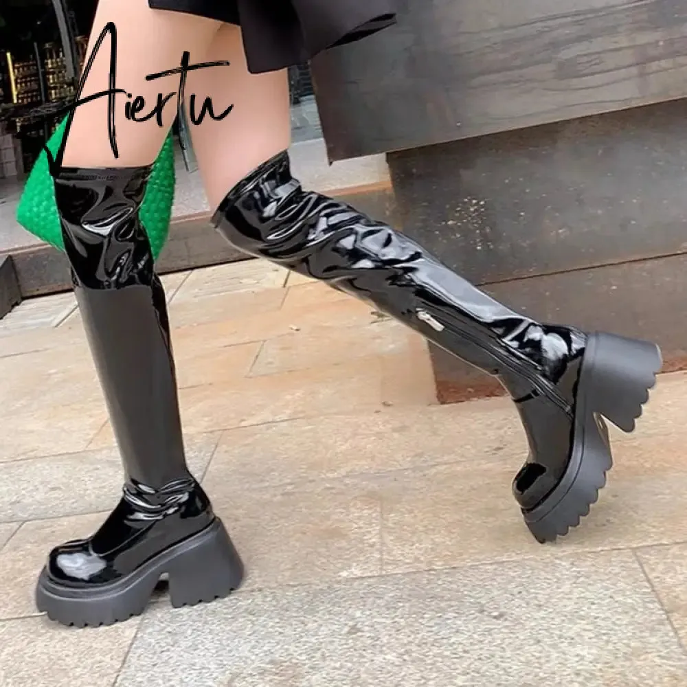 Patent Leather Chunky Platform Long Boots Women  Autumn Punk Thick Heels Shoes Woman Zipper Black Motorcycle Botas De Mujer