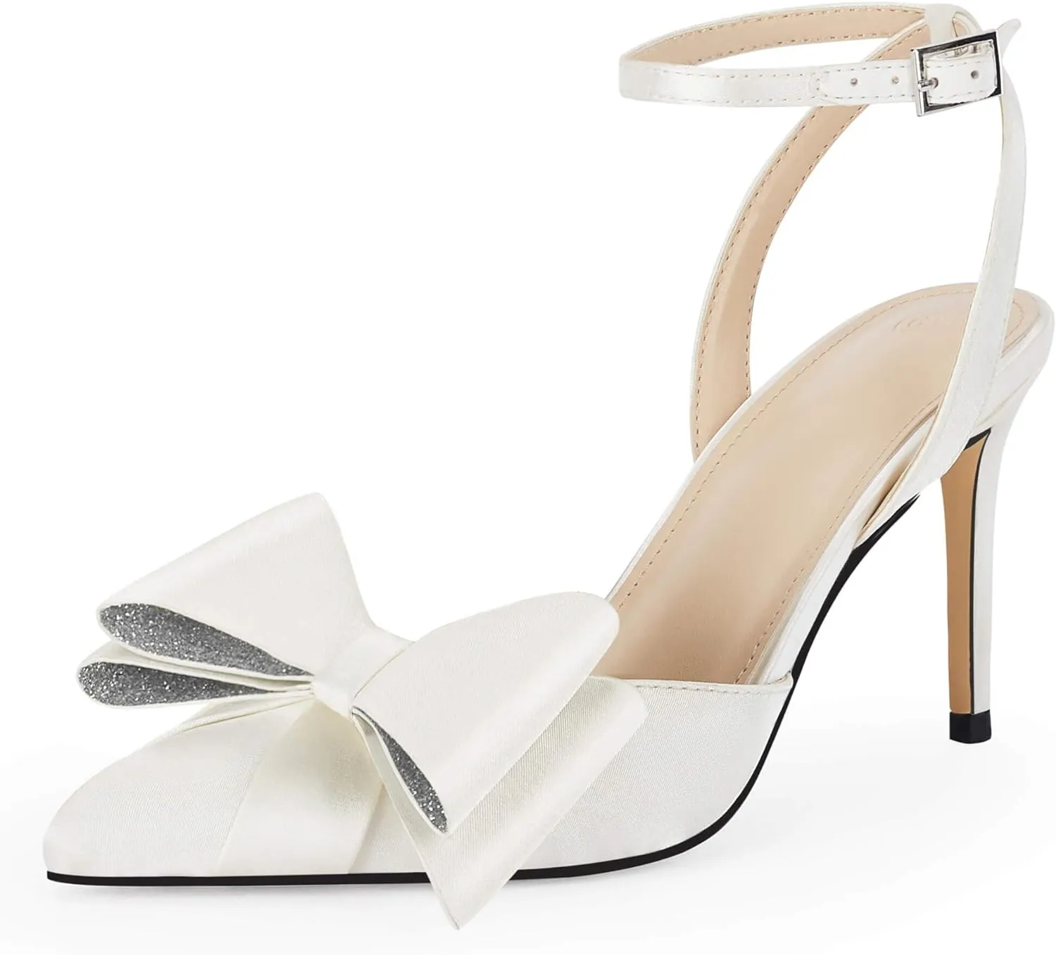 Rhinestone Silver Double Bow Ankle Strap Stiletto Heels