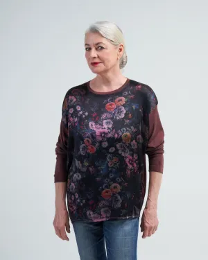 round neck pullover with dark flowers silk in front - n/henne