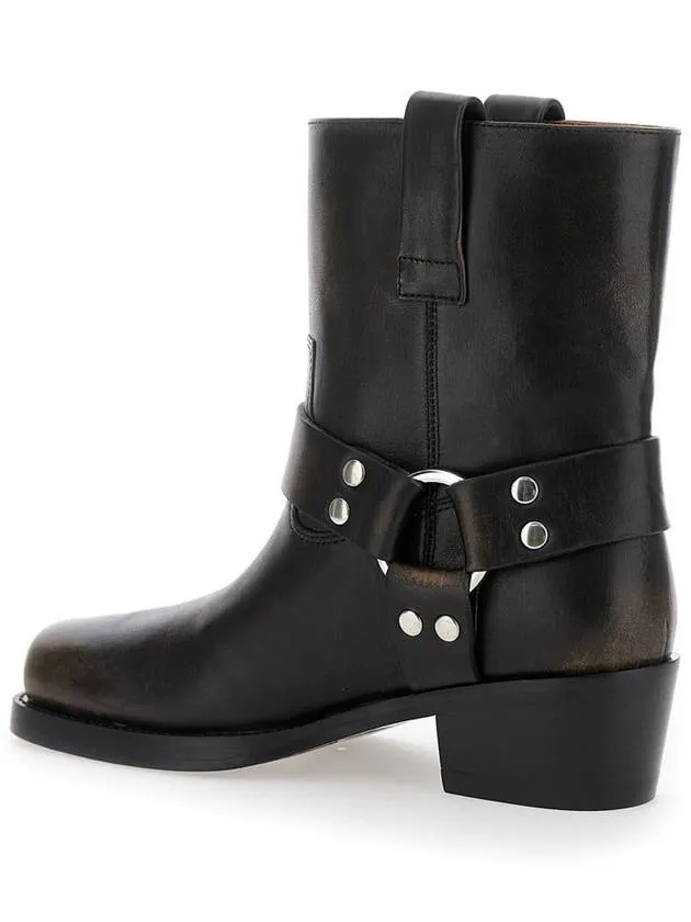 'Roxy' Black Western Style Ankle Boots With Brown Nuances In Leather Woman