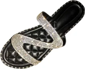 Shiny Rhinestone Flat Sandals for Women Open Toe Slip On Flip Flops Summer Outdoor Beach Travel Flats Party Club Shoes