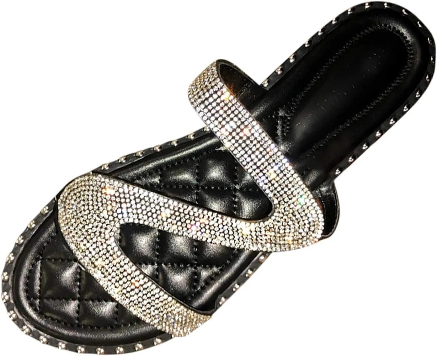 Shiny Rhinestone Flat Sandals for Women Open Toe Slip On Flip Flops Summer Outdoor Beach Travel Flats Party Club Shoes