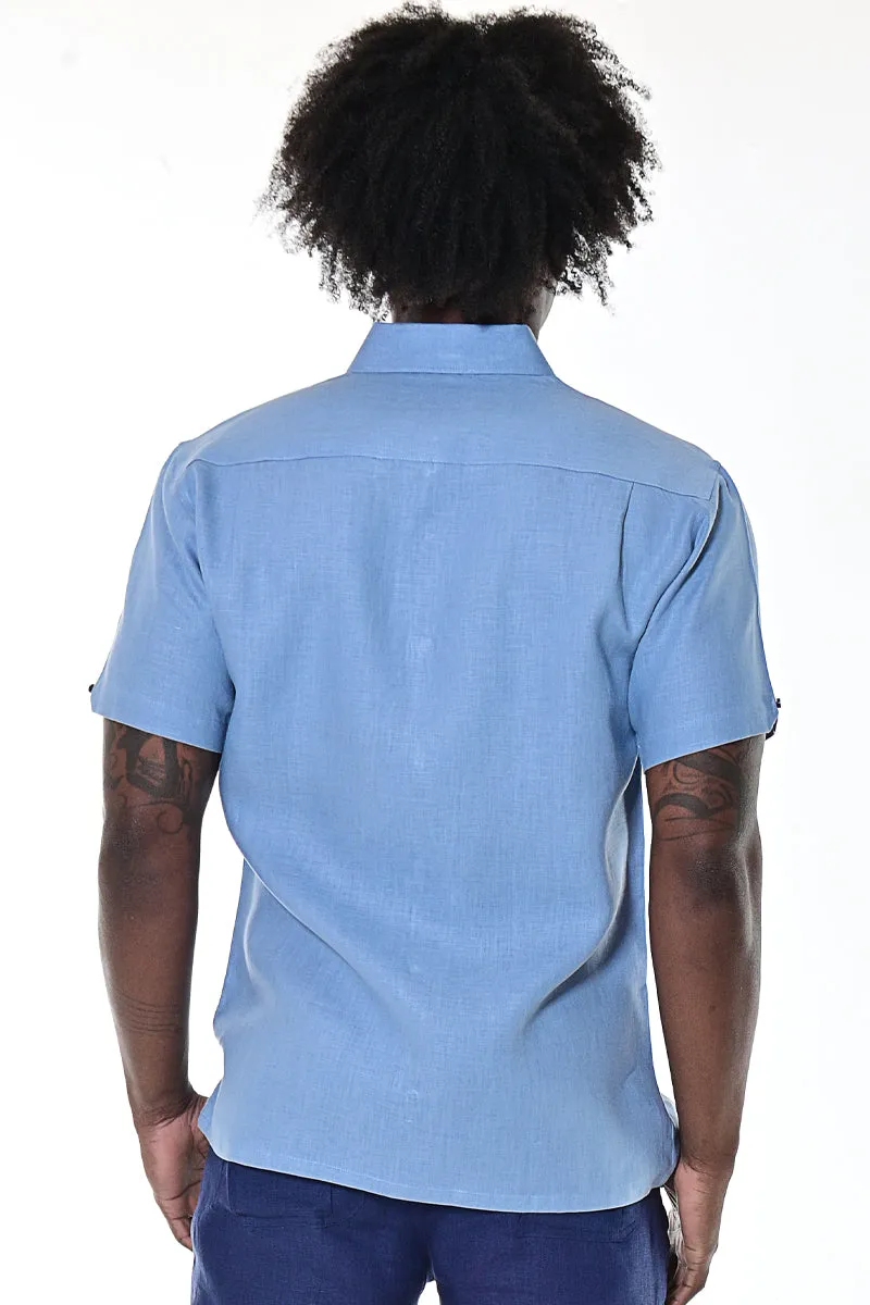 Short Sleeve Guayabera Style Shirt for Men Linen w/Contrast Pleated Panels