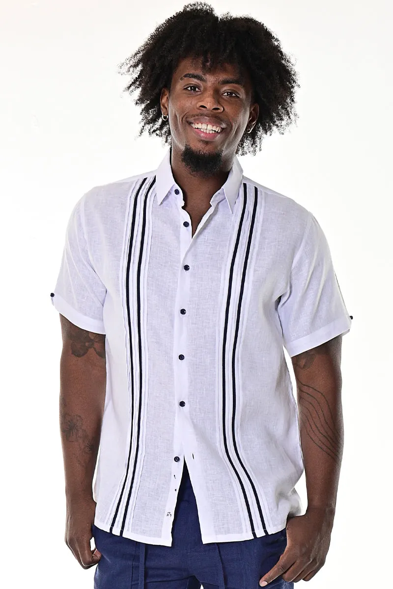 Short Sleeve Guayabera Style Shirt for Men Linen w/Contrast Pleated Panels