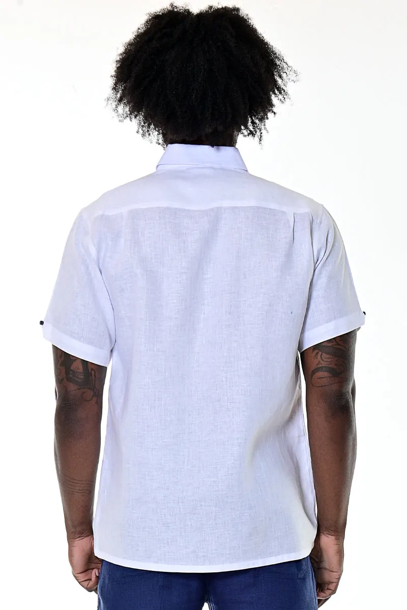 Short Sleeve Guayabera Style Shirt for Men Linen w/Contrast Pleated Panels