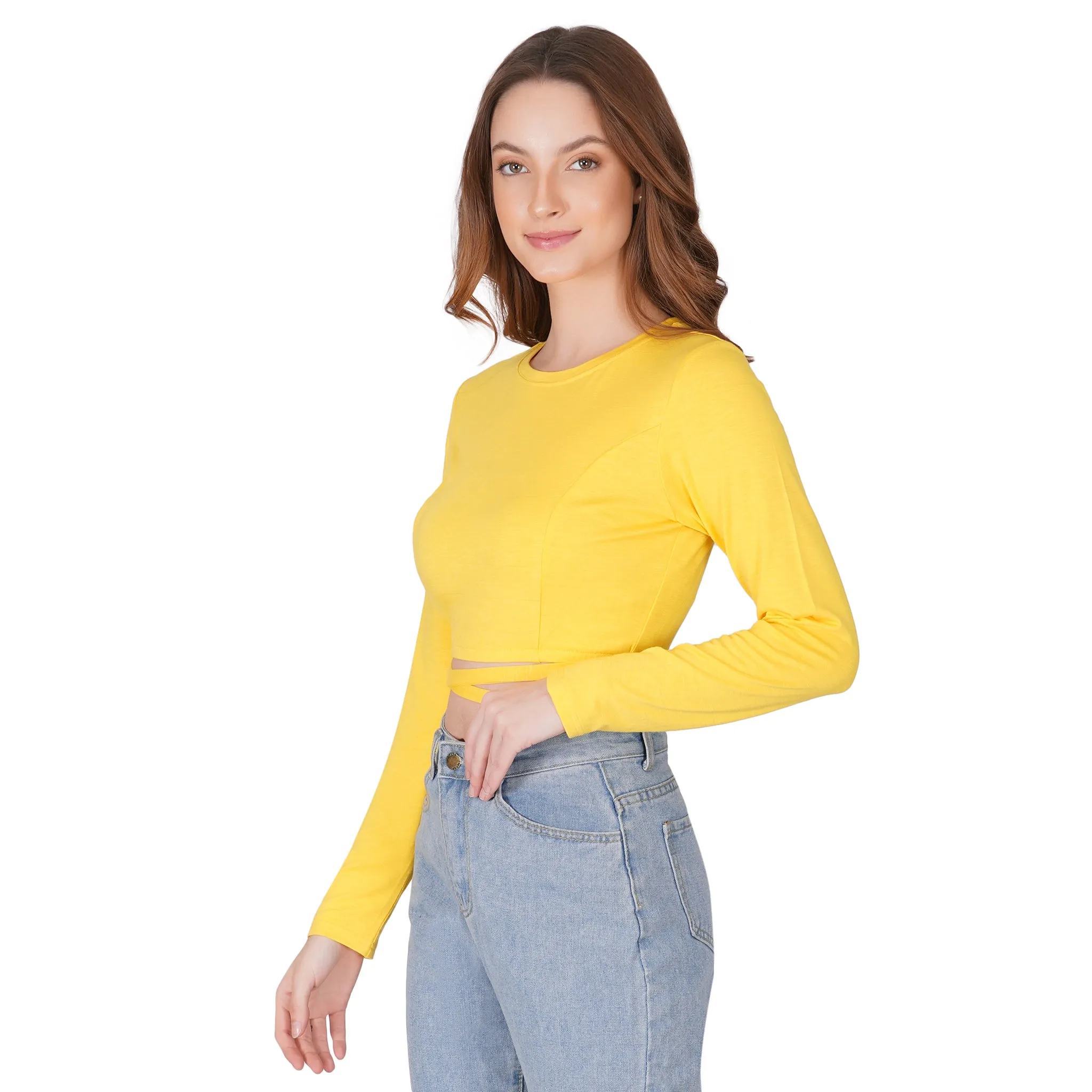 SLAY. Women's Yellow Full Sleeves Crop Top with Back Wrap around Strings