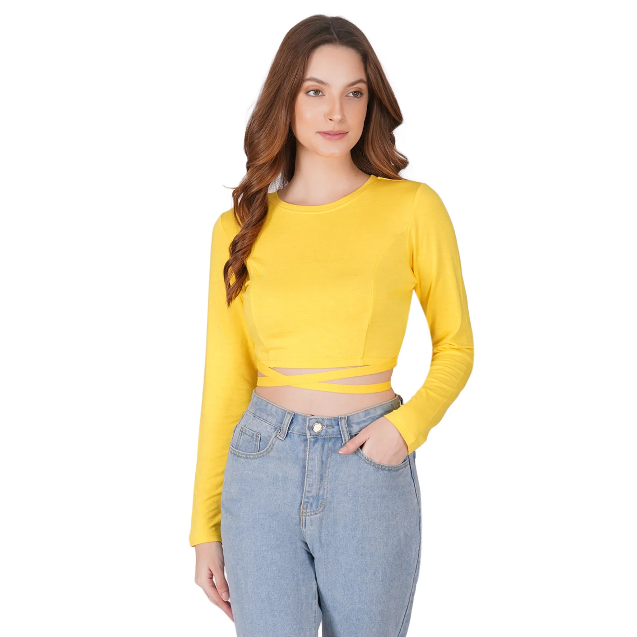 SLAY. Women's Yellow Full Sleeves Crop Top with Back Wrap around Strings