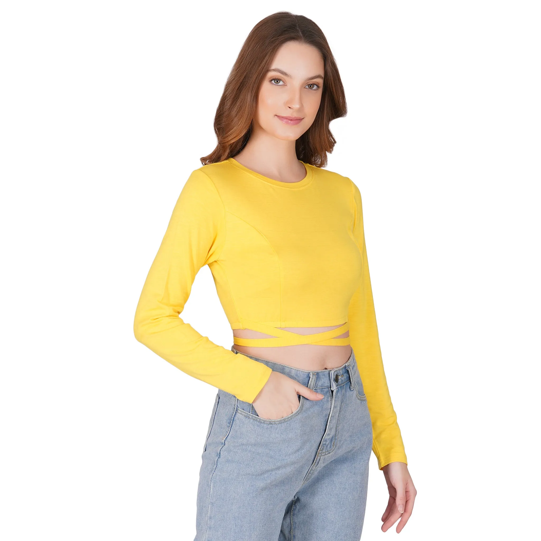 SLAY. Women's Yellow Full Sleeves Crop Top with Back Wrap around Strings