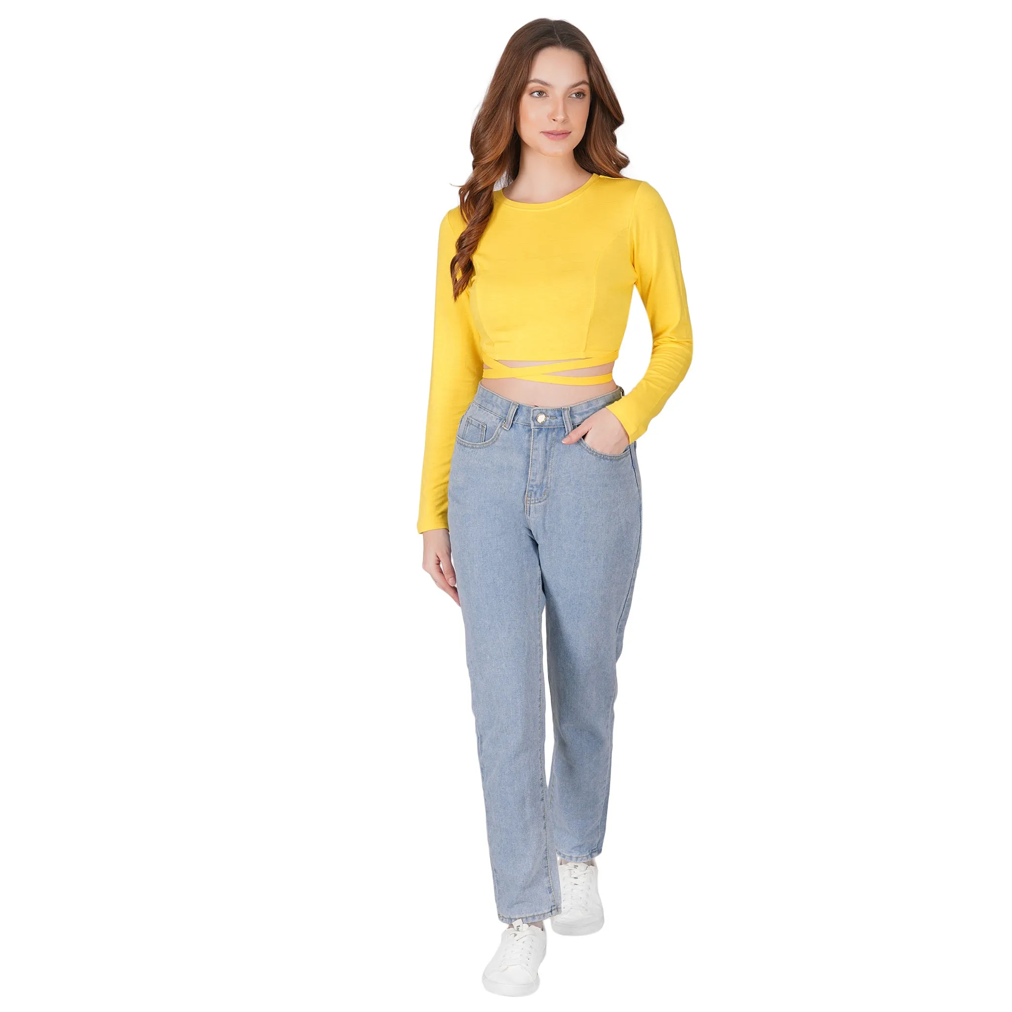 SLAY. Women's Yellow Full Sleeves Crop Top with Back Wrap around Strings