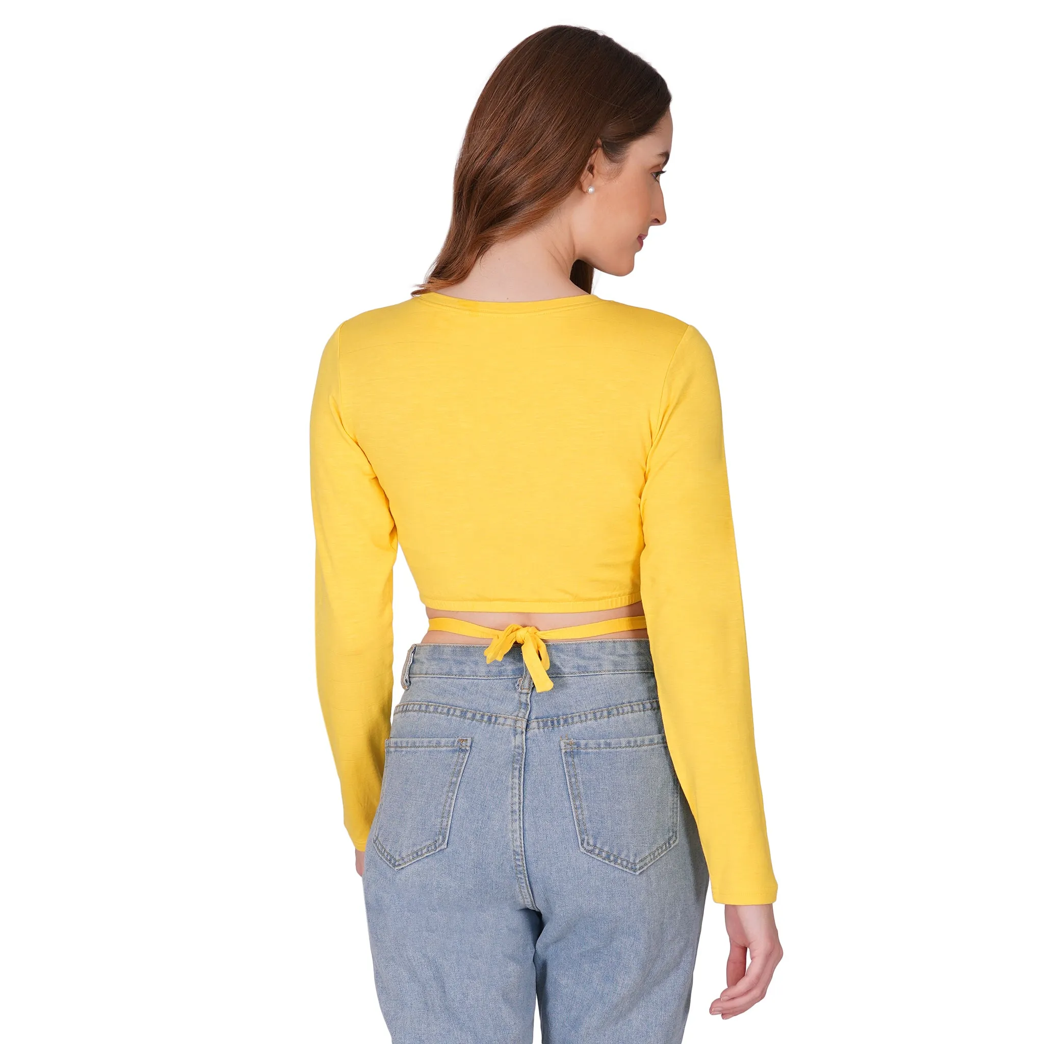 SLAY. Women's Yellow Full Sleeves Crop Top with Back Wrap around Strings