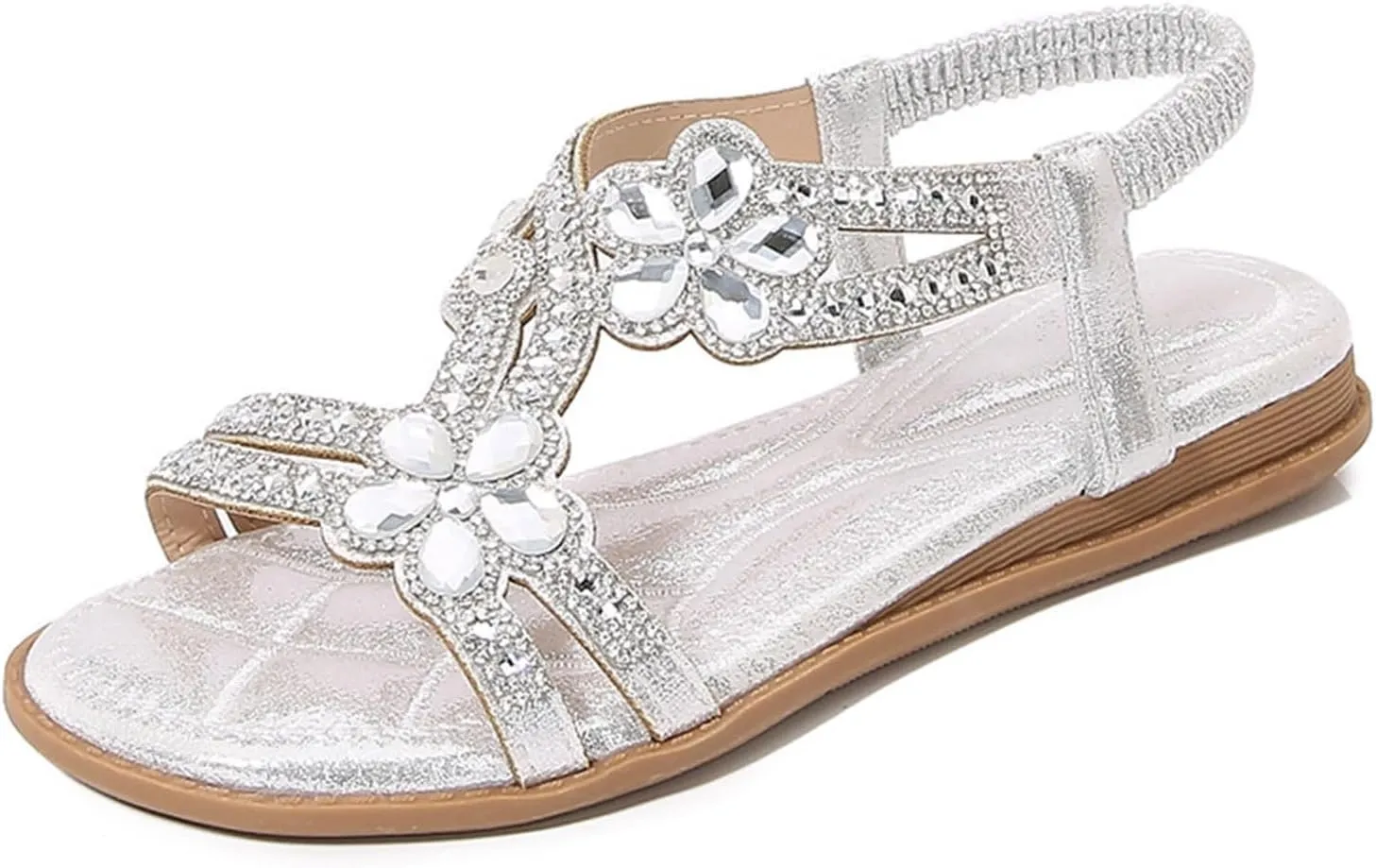 Summer Sandals for Women 2025 Bohemian Beaded Rhinestone Ankle Strap Dressy Wedding Shoes Comfortable Beach Flat Sandals