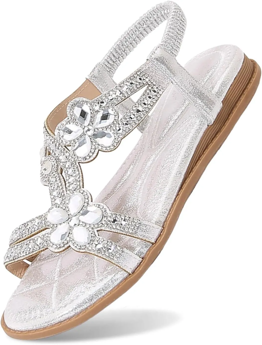 Summer Sandals for Women 2025 Bohemian Beaded Rhinestone Ankle Strap Dressy Wedding Shoes Comfortable Beach Flat Sandals