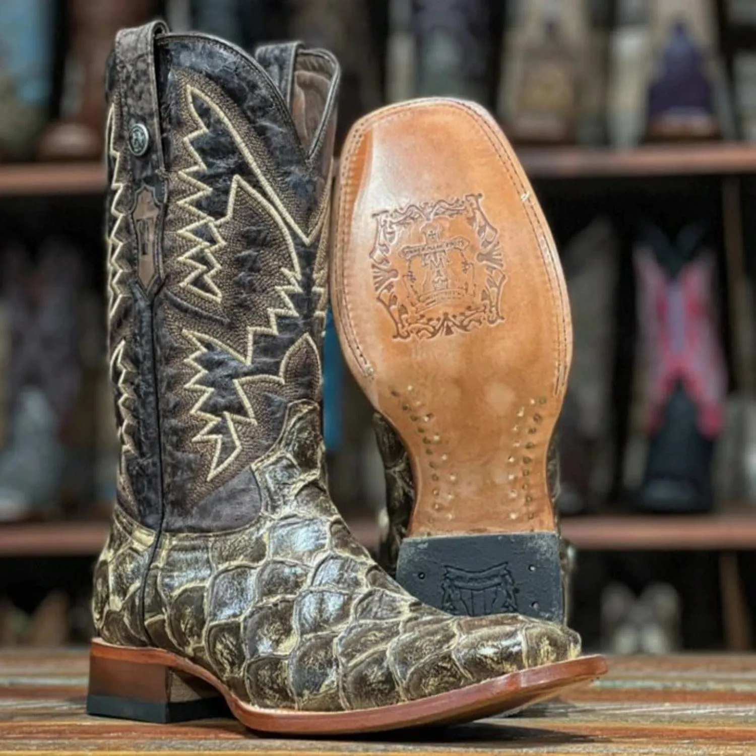 Tanner Mark Men's LaGrange Print Monster Fish Square Toe Boots Brown TM201713