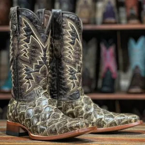 Tanner Mark Men's LaGrange Print Monster Fish Square Toe Boots Brown TM201713