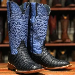Tanner Mark Women's Print Caiman Belly Square Toe Boots Black