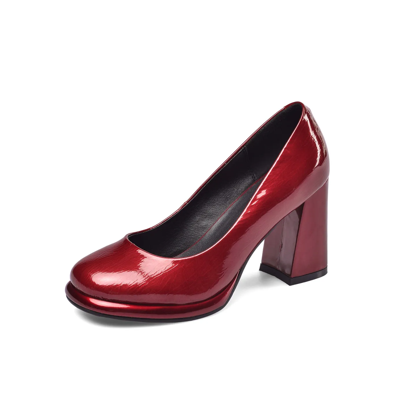 TinaCus Women's Patent Leather Round Toe Handmade High Chunky Heels Slip On Pumps Shoes