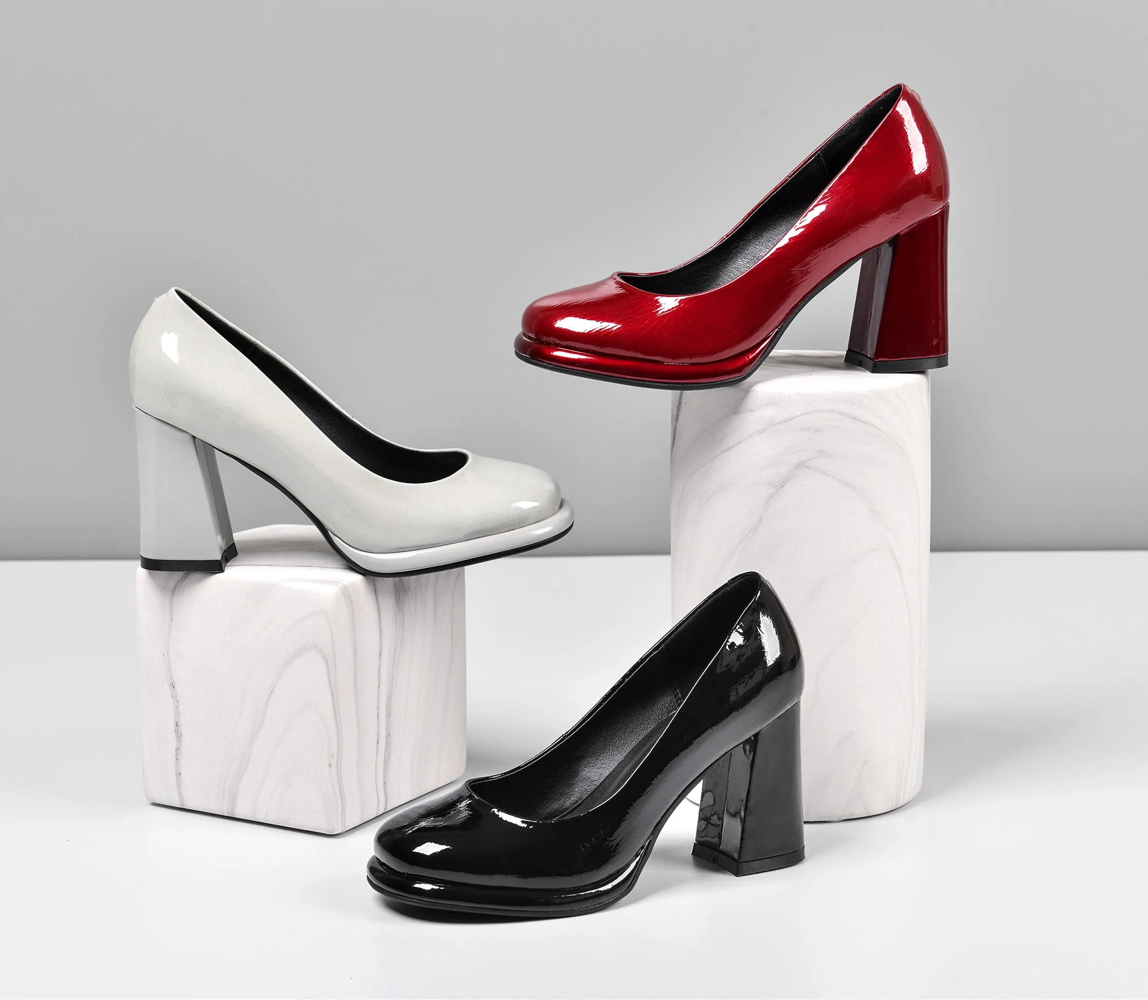 TinaCus Women's Patent Leather Round Toe Handmade High Chunky Heels Slip On Pumps Shoes