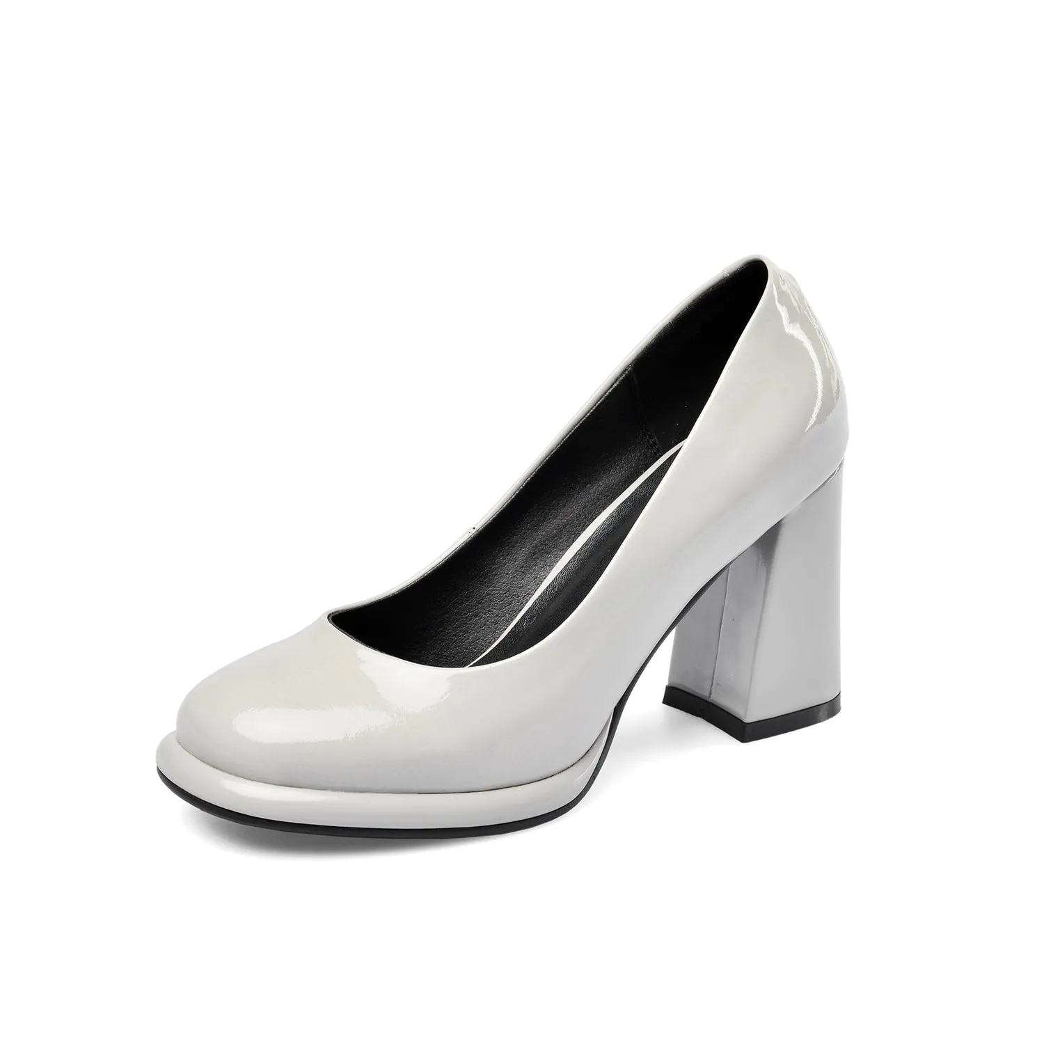 TinaCus Women's Patent Leather Round Toe Handmade High Chunky Heels Slip On Pumps Shoes