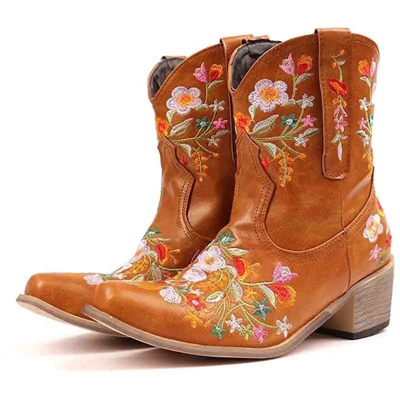 Women Vintage Flower Embroidered Cowgirl Boots Retro Short Western Ankle Boots