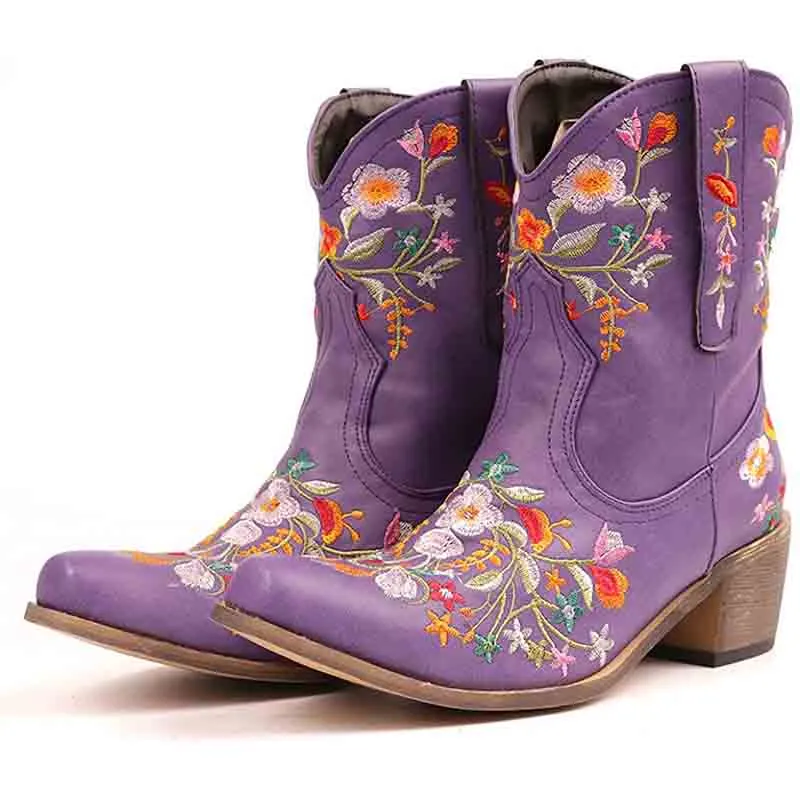 Women Vintage Flower Embroidered Cowgirl Boots Retro Short Western Ankle Boots