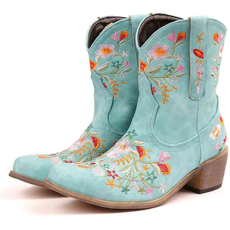 Women Vintage Flower Embroidered Cowgirl Boots Retro Short Western Ankle Boots