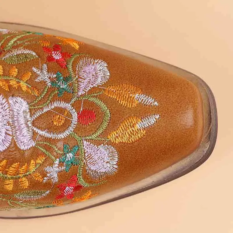Women Vintage Flower Embroidered Cowgirl Boots Retro Short Western Ankle Boots