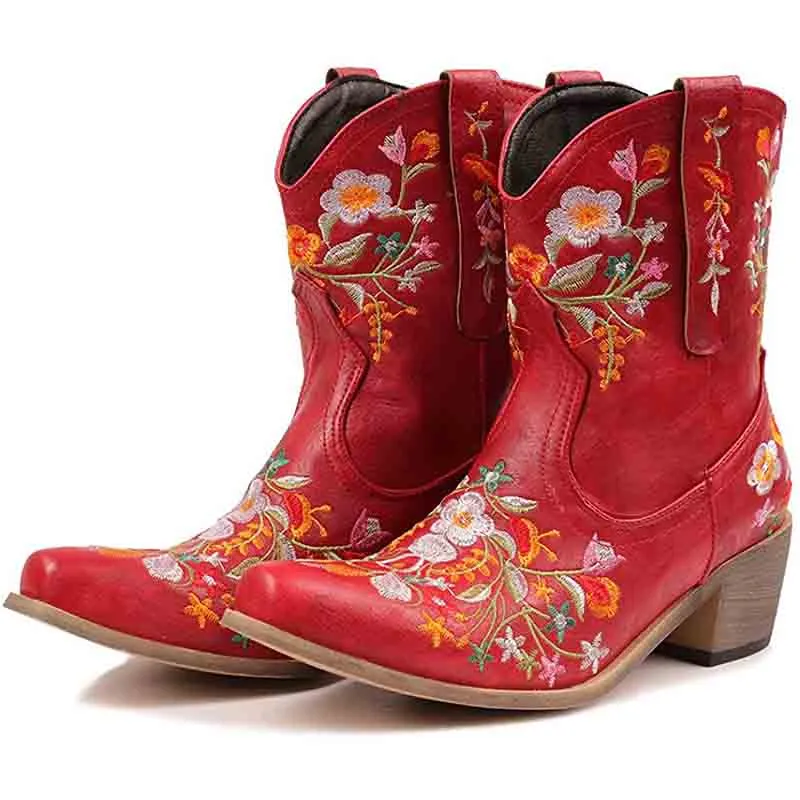 Women Vintage Flower Embroidered Cowgirl Boots Retro Short Western Ankle Boots