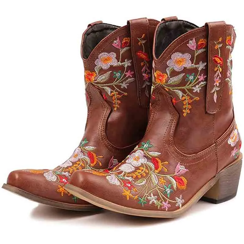 Women Vintage Flower Embroidered Cowgirl Boots Retro Short Western Ankle Boots