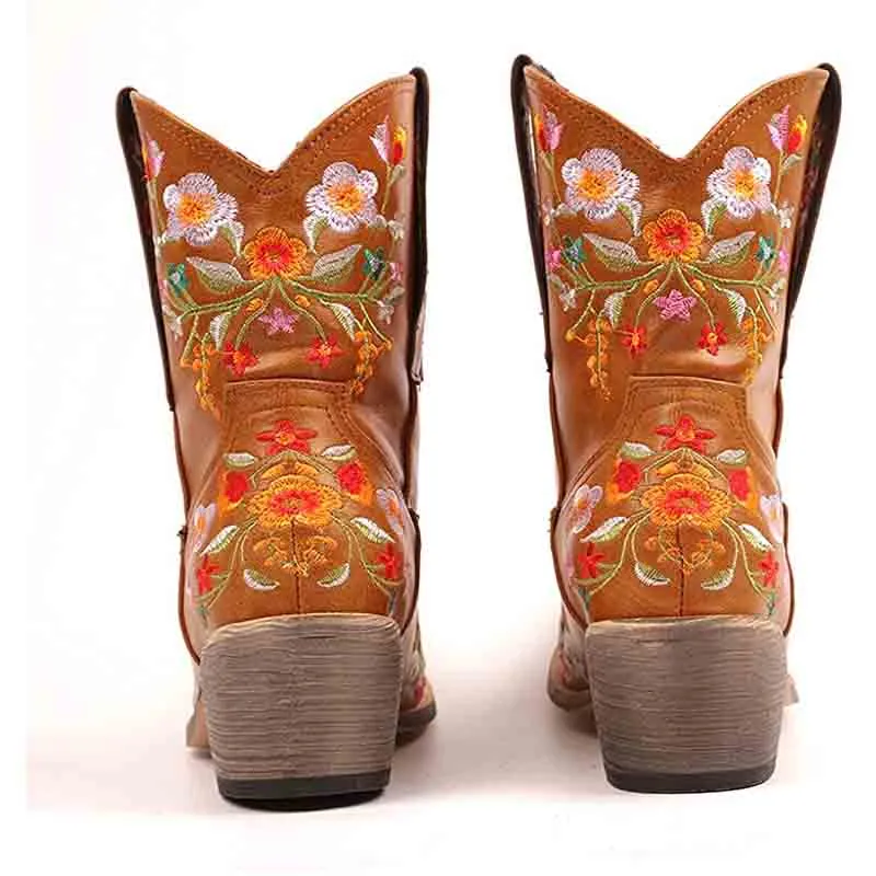 Women Vintage Flower Embroidered Cowgirl Boots Retro Short Western Ankle Boots
