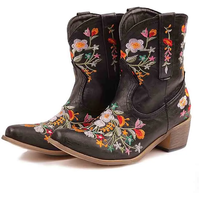Women Vintage Flower Embroidered Cowgirl Boots Retro Short Western Ankle Boots