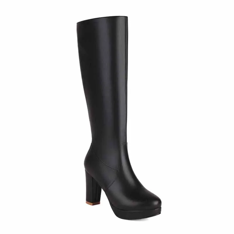 Women's platform chunky heeled knee high boots