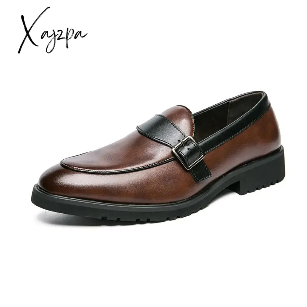 Xajzpa - New Loafers Men Shoes PU Solid Color Business Casual Wedding Party Daily Classic Monk Buckle Slip-on Fashion Dress Shoes