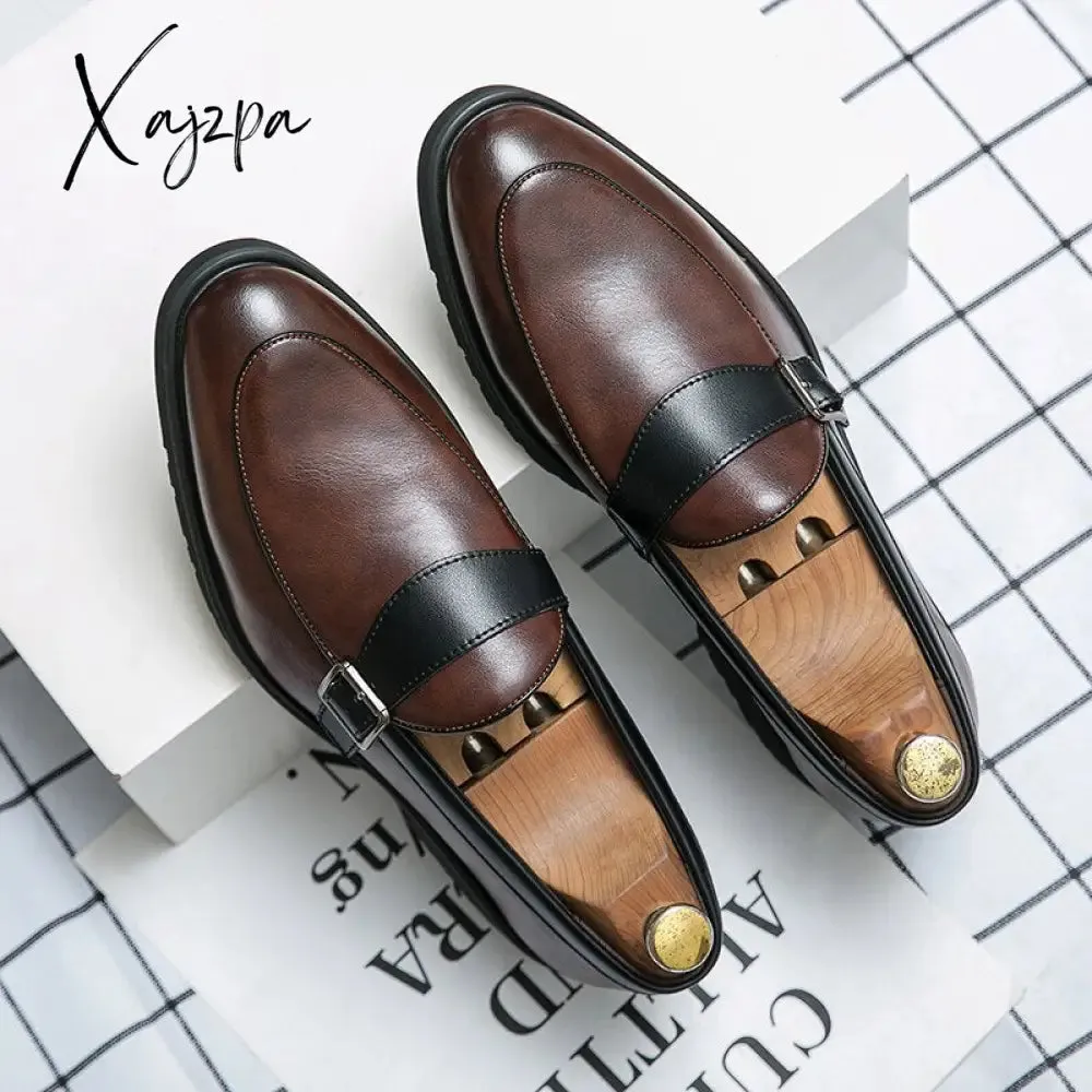 Xajzpa - New Loafers Men Shoes PU Solid Color Business Casual Wedding Party Daily Classic Monk Buckle Slip-on Fashion Dress Shoes