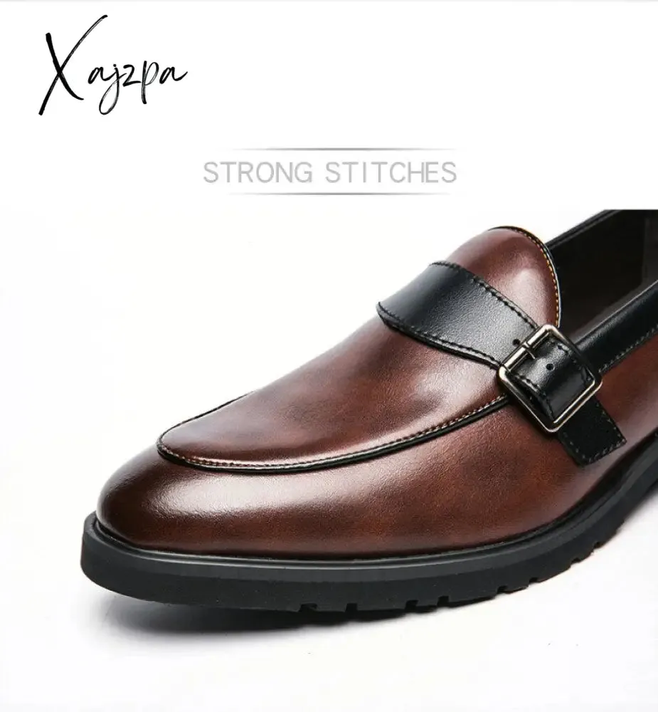 Xajzpa - New Loafers Men Shoes PU Solid Color Business Casual Wedding Party Daily Classic Monk Buckle Slip-on Fashion Dress Shoes