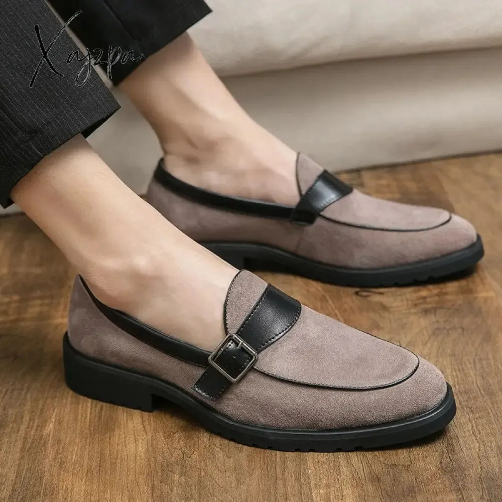 Xajzpa - New Loafers Men Shoes PU Solid Color Business Casual Wedding Party Daily Classic Monk Buckle Slip-on Fashion Dress Shoes