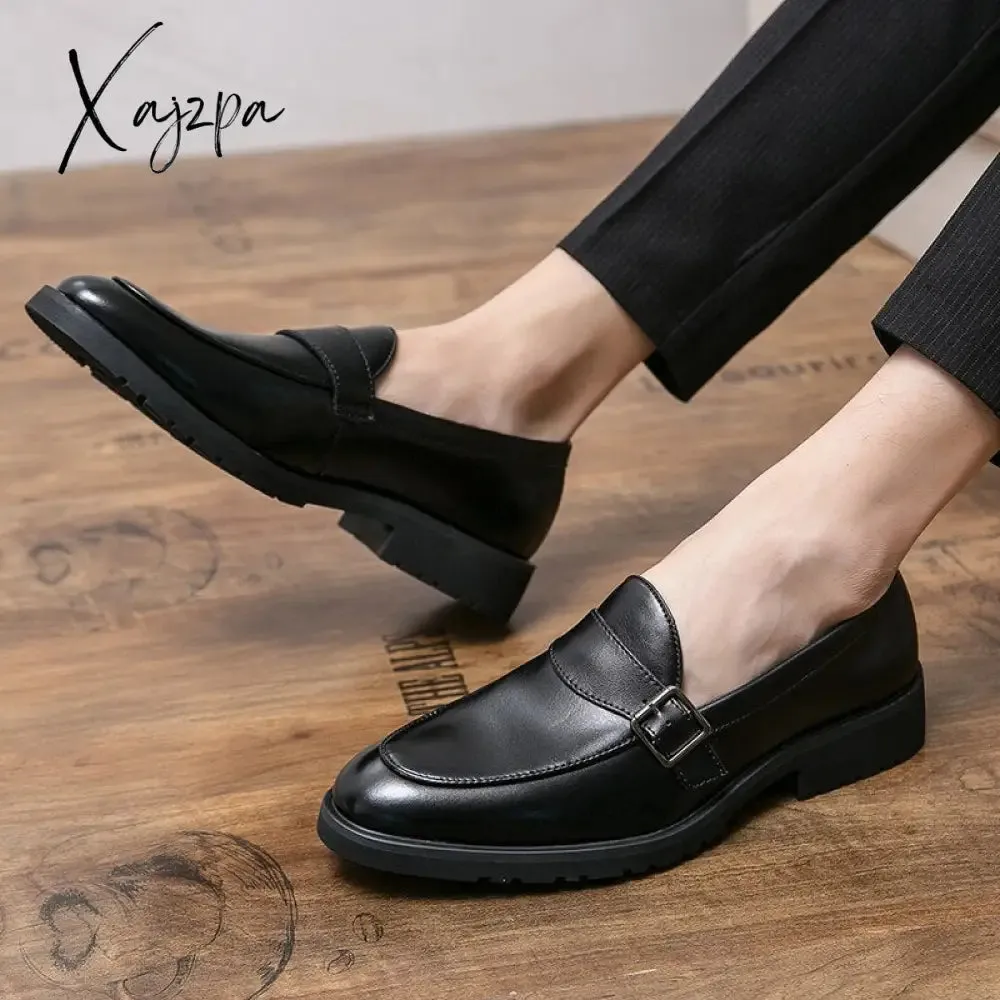 Xajzpa - New Loafers Men Shoes PU Solid Color Business Casual Wedding Party Daily Classic Monk Buckle Slip-on Fashion Dress Shoes