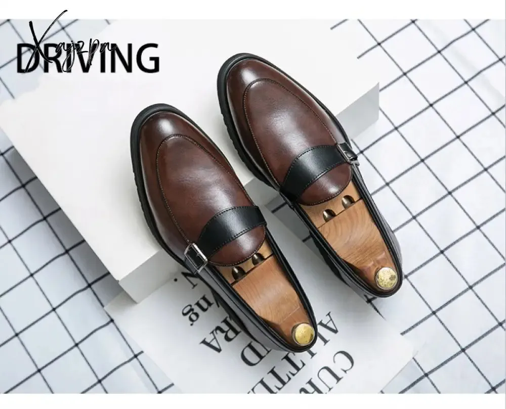 Xajzpa - New Loafers Men Shoes PU Solid Color Business Casual Wedding Party Daily Classic Monk Buckle Slip-on Fashion Dress Shoes