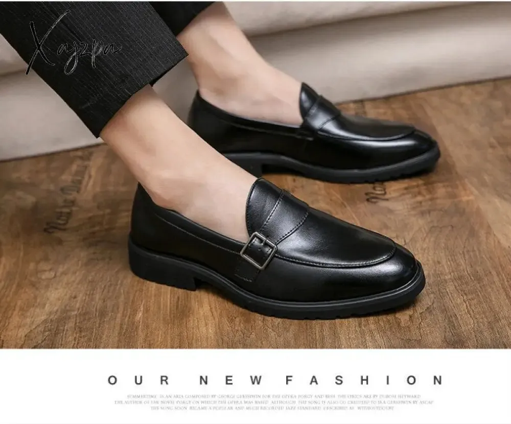 Xajzpa - New Loafers Men Shoes PU Solid Color Business Casual Wedding Party Daily Classic Monk Buckle Slip-on Fashion Dress Shoes
