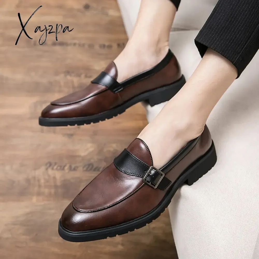 Xajzpa - New Loafers Men Shoes PU Solid Color Business Casual Wedding Party Daily Classic Monk Buckle Slip-on Fashion Dress Shoes