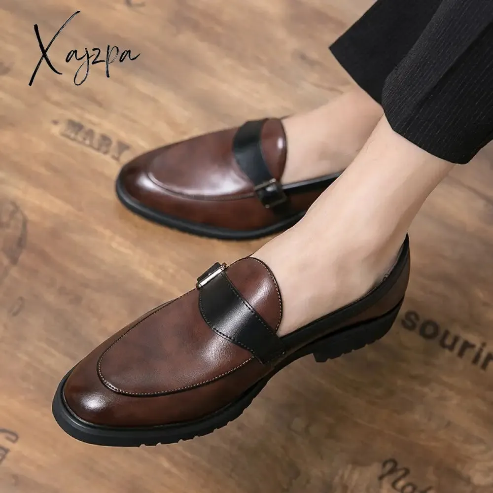 Xajzpa - New Loafers Men Shoes PU Solid Color Business Casual Wedding Party Daily Classic Monk Buckle Slip-on Fashion Dress Shoes