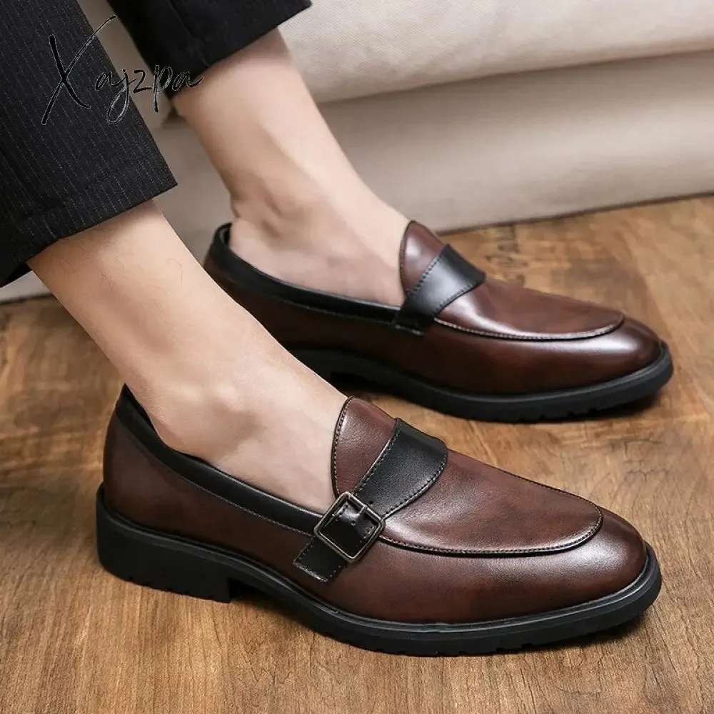 Xajzpa - New Loafers Men Shoes PU Solid Color Business Casual Wedding Party Daily Classic Monk Buckle Slip-on Fashion Dress Shoes