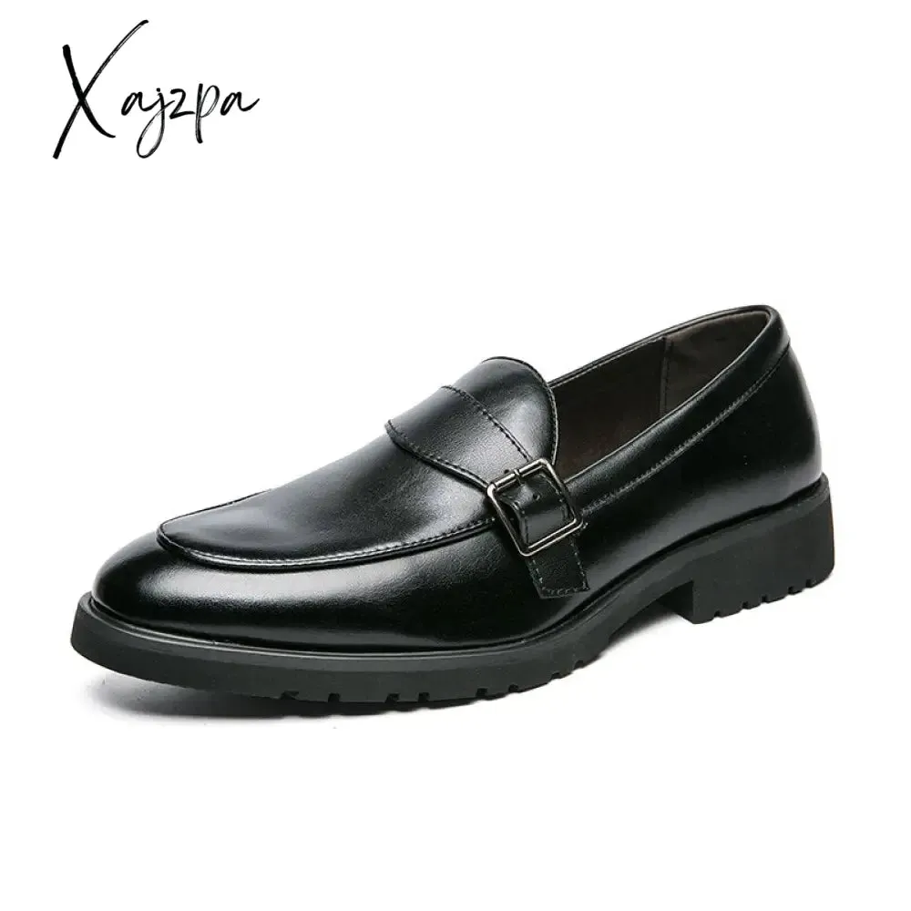 Xajzpa - New Loafers Men Shoes PU Solid Color Business Casual Wedding Party Daily Classic Monk Buckle Slip-on Fashion Dress Shoes
