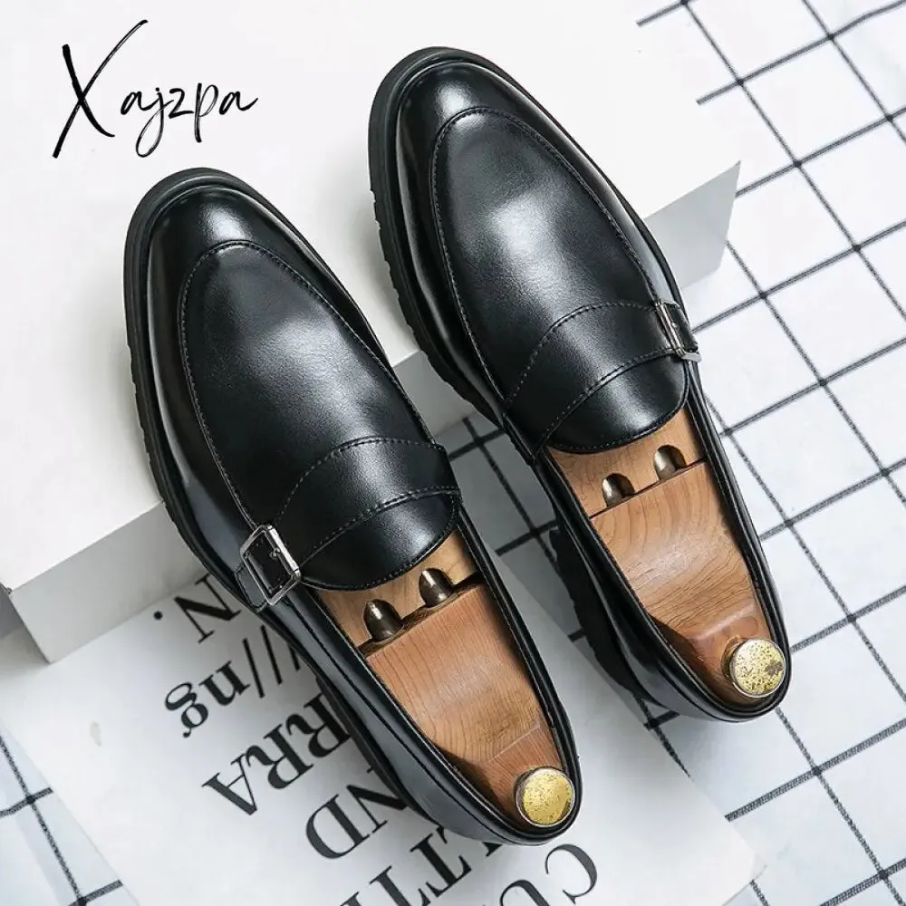 Xajzpa - New Loafers Men Shoes PU Solid Color Business Casual Wedding Party Daily Classic Monk Buckle Slip-on Fashion Dress Shoes